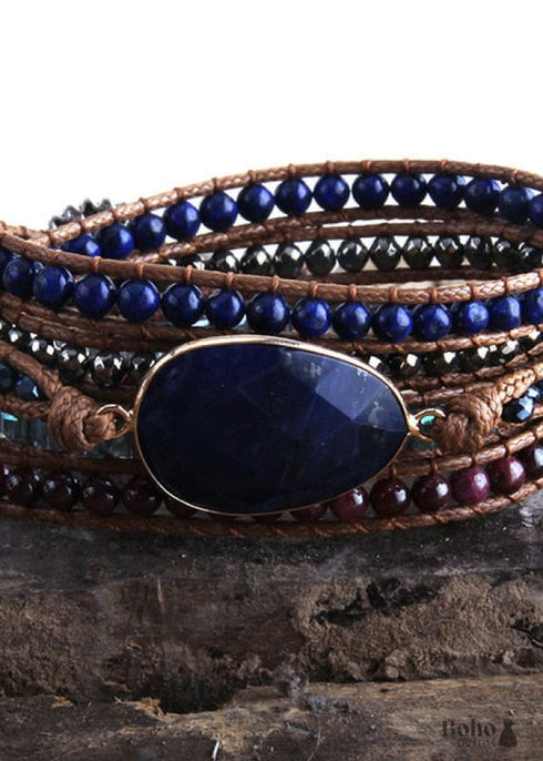 Boho Bracelet, RH 5 Layers Leather Wrap Bracelet, Crystal and Natural Stones